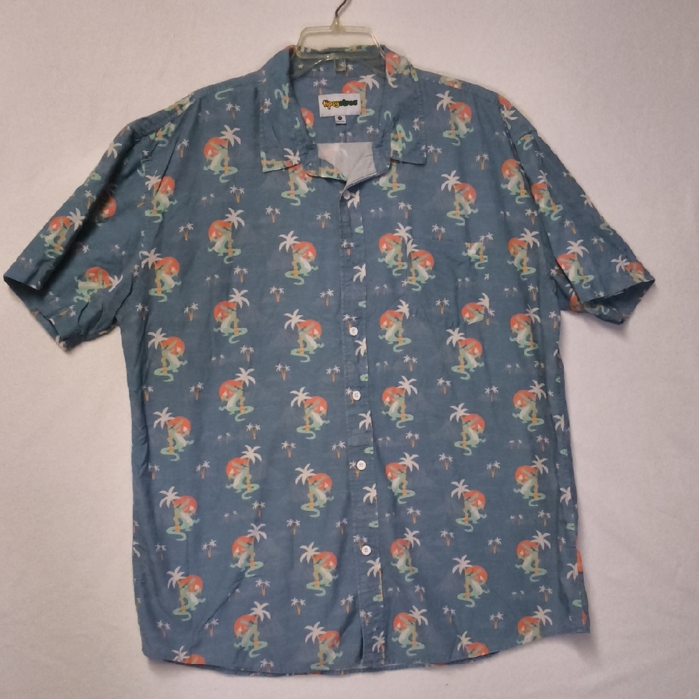 Tipsy Elves Slate Blue Palm & Sunset Button-Up Shirt With Aligators And Palms